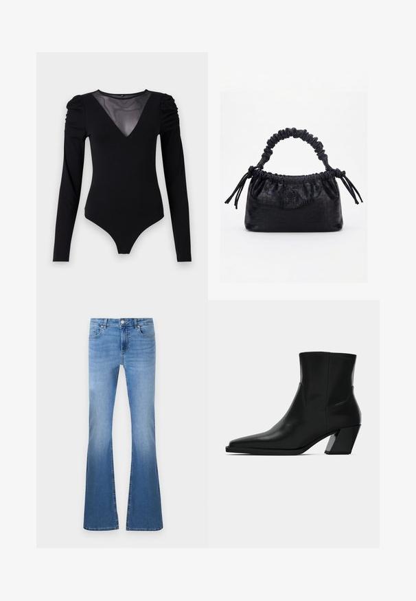 Sort bodysuit med lange ærmer, der har en mesh V-halsudskæring og samlet skulderdetalje. Glat stof med en tætsiddende form.; Lysblå, flagrende jeans med en falmet finish, der har en frontknap og lynlås lukning, fem-lomme design og synlige syningsdetaljer.; Sortlæder ankelstøvle med spids tå, en slank silhuet og en kraftig firkantet hæl. Glat tekstur med minimale stikninger.; Sort taske med krokodilletekstur, rynket øverste kant, samlet hank og snore med kvaster på hver side mod en hvid baggrund.