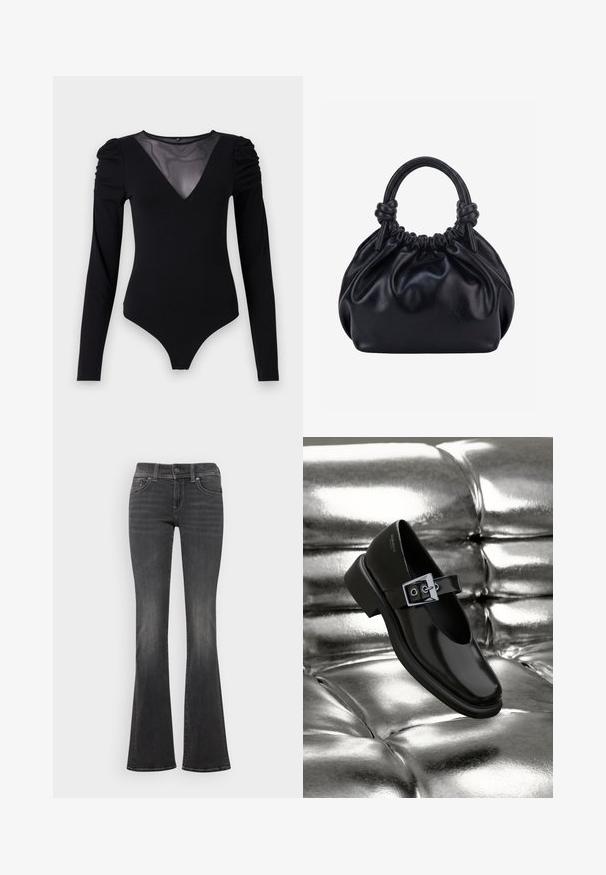 Sort bodysuit med lange ærmer, der har en mesh V-halsudskæring og samlet skulderdetalje. Glat stof med en tætsiddende form.; Mørkegrå denimjeans med en subtil lysning, mellemhøj talje, knaplukning og let flare ved kanten.; Sorte læder Mary Jane sko med firkantet tå, en sølv spænde accent og en chunky lav hæl, sat mod en glansfuld sølv baggrund.; Sort blød læderhåndtaske med samlet top og to tykke håndtag bundet i knuder mod en ensfarvet lys baggrund.