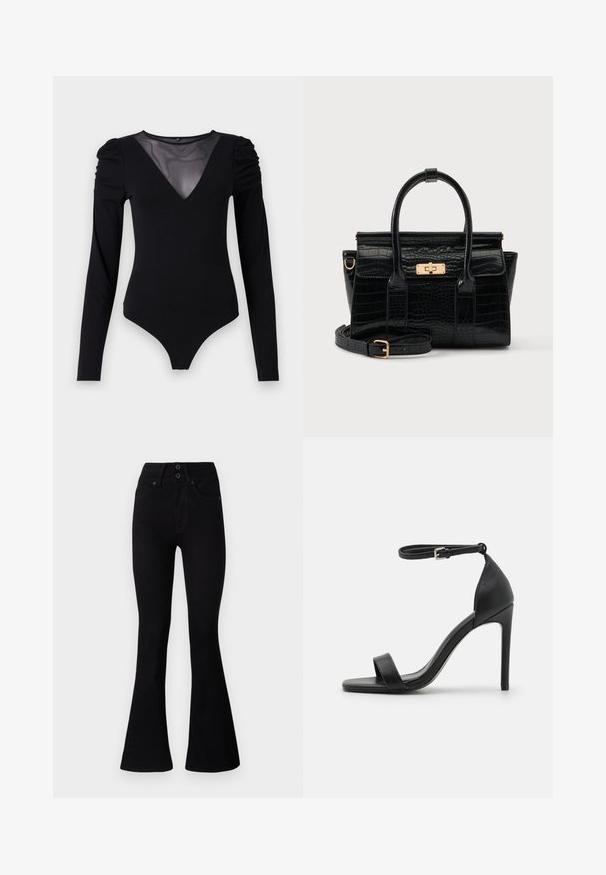 Μαύρο bodysuit με μακριά μανίκια, που διαθέτει mesh V-λαιμόκοψη και συγκεντρωμένη λεπτομέρεια στον ώμο. Λείο ύφασμα με εφαρμοστή γραμμή.; Pepe Jeans FLARE CONTOUR - Τζιν καμπάνα - black denim; Μαύρη ψηλοτάκουνη σανδάλι με κομψό σχέδιο, διαθέτει λουρί στον αστράγαλο, ανοιχτή μύτη και λείο δερμάτινο υλικό.; Μαύρη τσάντα με υφή κροκοδείλου, δύο λαβές, αποσπώμενος ιμάντας και ορθογώνιο κούμπωμα σε χρυσή απόχρωση στην εμπρόσθια πλακέτα.