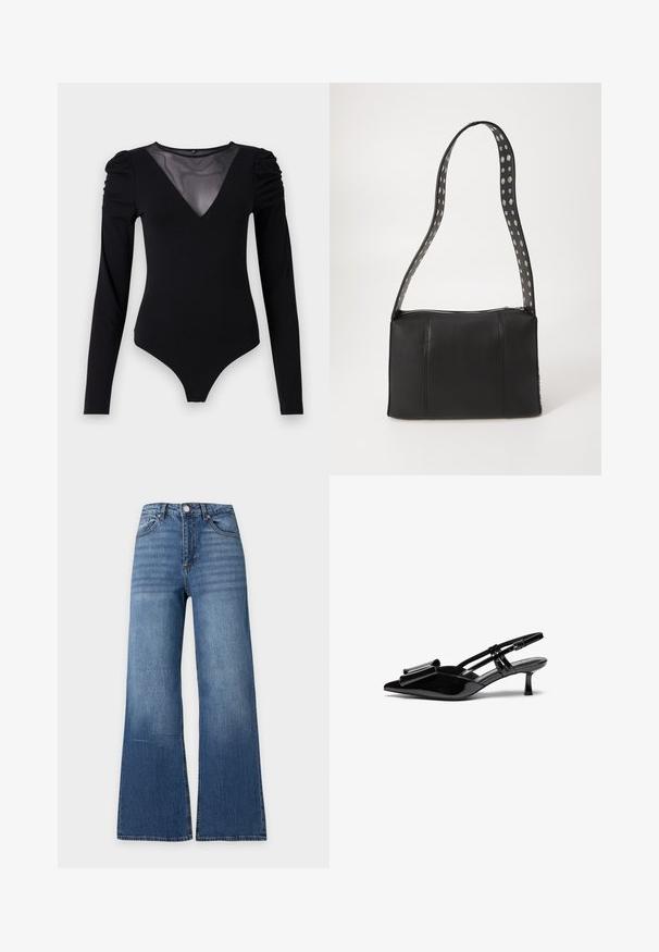 Sort bodysuit med lange ærmer, der har en mesh V-halsudskæring og samlet skulderdetalje. Glat stof med en tætsiddende form.; Blå højtaljede cowboybukser med vide ben, forreste knap, lynlås og klassisk design med fem lommer på en ensfarvet lys baggrund.; Sorte patenterede læderslingbacks med spids tå, en sløjfedetalje foran og en lille stilettohæle. Remmene har justerbare spænder.; Sort læderhåndtaske med rektangulær form, udstyret med lynlås lukning og en polkaprikket rem. Glat tekstur, minimalt syning.