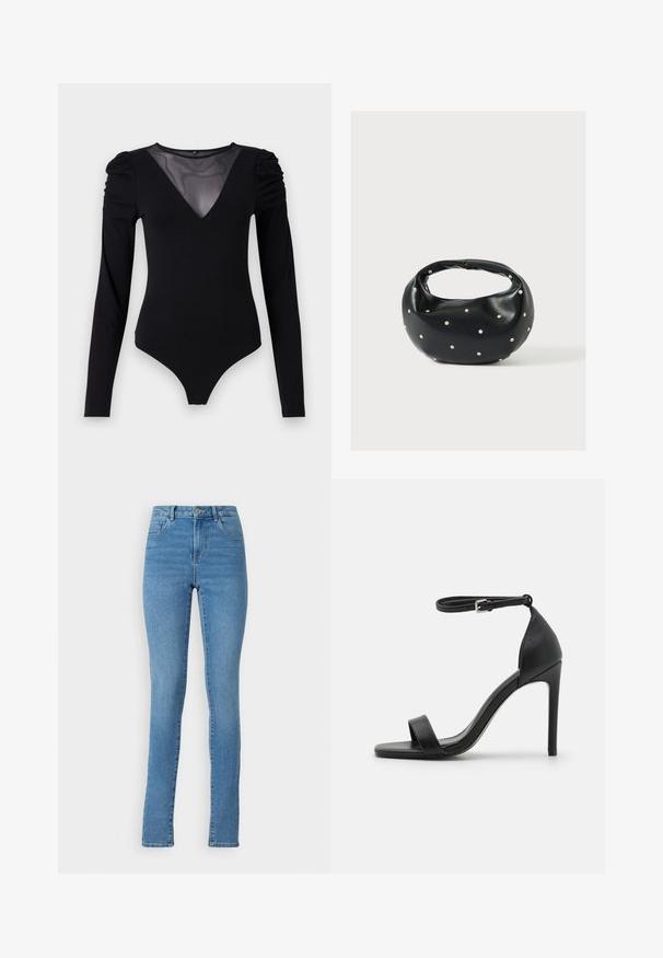Sort bodysuit med lange ærmer, der har en mesh V-halsudskæring og samlet skulderdetalje. Glat stof med en tætsiddende form.; Lysblå høytsiddende jeans lavet af denim, med slim fit, fem-lomme design og lynlås med knaplukning.; Sort højhælet sandal med et sleek design, der har en ankelrem, åben tå og glat lædertekstur.; Sort læderhåndtaske med en rundet form, dekoreret med sølvnitter, og et kort håndtag. Glat tekstur og lynlåslukning.