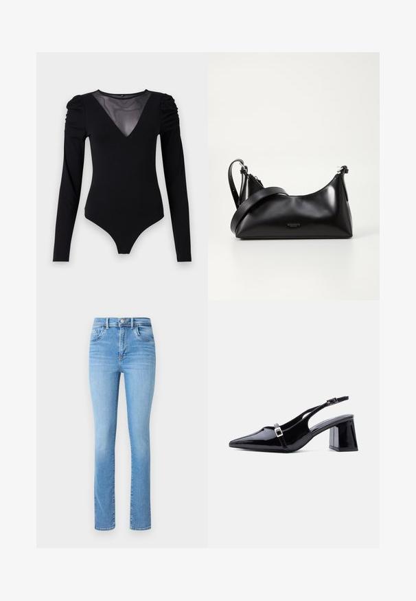 Sort bodysuit med lange ærmer, der har en mesh V-halsudskæring og samlet skulderdetalje. Glat stof med en tætsiddende form.; Lysblå denimjeans med lige ben, høj talje, traditionel fem-lomme styling og subtile falmningsdetaljer.; Sort laklæder slingback-hæl med spids tå, lav blokhæl og to små sølvspænder på stropperne.; Sort læderhåndtaske med en glat tekstur. Har en justerbar stropp og et enkelt, minimalistisk design med lynlås.