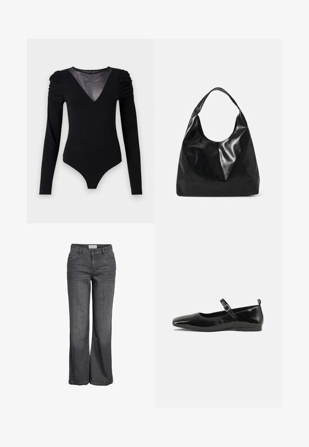 Sort bodysuit med lange ærmer, der har en mesh V-halsudskæring og samlet skulderdetalje. Glat stof med en tætsiddende form.; Bredde ben jeans i mørkegrå denim. Har høj talje, traditionelt fem-lomme design og en ren kanten uden udsmykning.; Sorte patentlæder flade sko med spidse tæer, en ankelrem med spænde og en glat, blank tekstur. Lav hæl for komfort.; Sort læder hobo taske med en blød, skinnende tekstur og en rund, åben top. Har en bred, buet strop til bæring. Ingen synlig hardware.