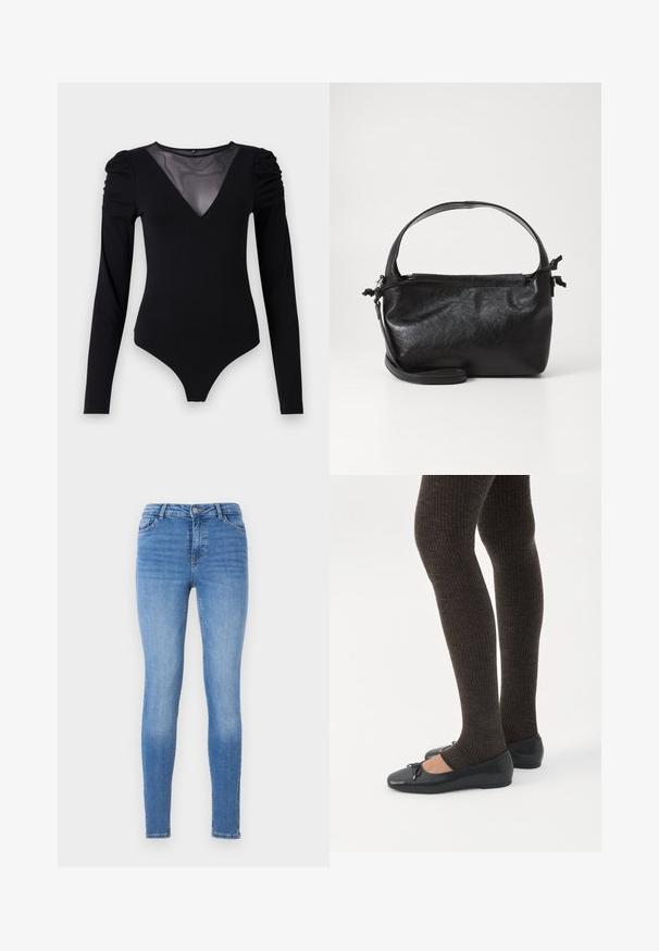 Sort bodysuit med lange ærmer, der har en mesh V-halsudskæring og samlet skulderdetalje. Glat stof med en tætsiddende form.; Slanke jeans i lyseblå denim med mellemhøj talje, fem-pockets design og tonal syning med en glat tekstur.; Ben iført mørke ribbede leggings kombineret med sorte balletsko med små sløjfedetaljer på hvid baggrund.; Sort læderhåndtaske med et struktureret design, rund tophåndtag og aftagelig skulderrem. Den har en glat tekstur og en subtil glans.