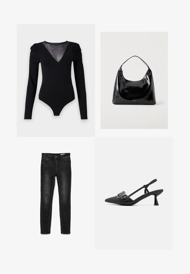 Μαύρο bodysuit με μακριά μανίκια, που διαθέτει mesh V-λαιμόκοψη και συγκεντρωμένη λεπτομέρεια στον ώμο. Λείο ύφασμα με εφαρμοστή γραμμή.; Μαύρα τζιν σκινού με μέτρια μέση, κλασικό σχέδιο 5 τσέπες, ελαφριά φθορά στους γοφούς και κλείσιμο με μεταλλικό κουμπί.; Simmi London DALA - Κλασικές γόβες - black; Μαύρη γυαλιστερή τσάντα ώμου με έναν ιμάντα και μικρό λογότυπο "RAID" στο κάτω κέντρο σε απλό ανοιχτό φόντο.