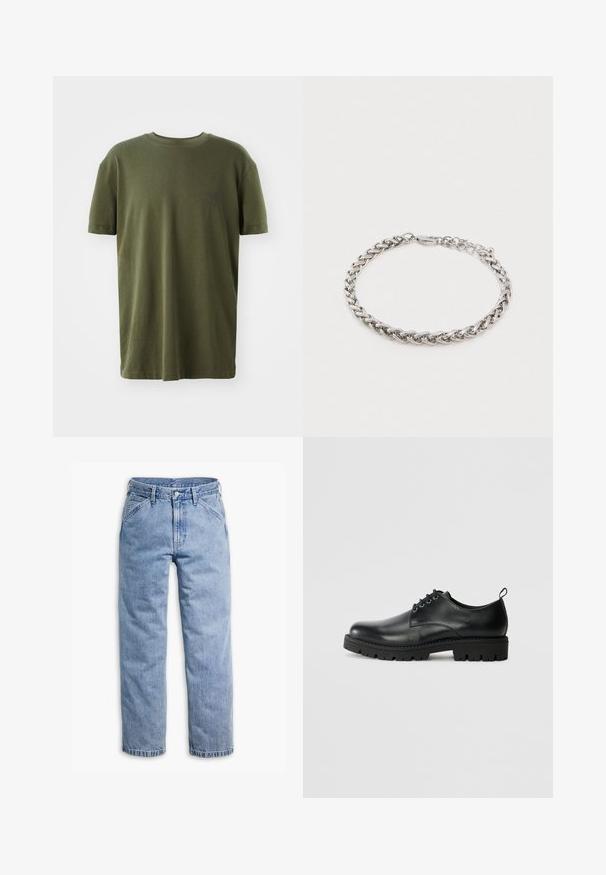 T-shirt vert olive en coton, à manches courtes, col rond, avec un petit logo imprimé en bleu foncé sur la poitrine gauche.; Jean en denim bleu clair à jambes droites avec fermeture avant par boutons et fermeture éclair, passants de ceinture, et poches avant inclinées.; Chaussure en cuir noir à bout arrondi, présentant un design à lacets, une semelle en caoutchouc noire robuste et un petit onglet de talon à l'arrière.; Bracelet en chaîne torsadée en argent avec un fermoir mousqueton et des maillons ajustables sur un fond blanc uni.