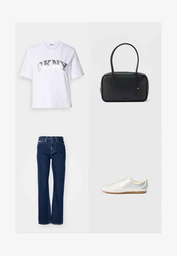 Hvid kortærmet T-shirt lavet af bomuld, med et sølvmetalisk print med "DKNY" og "New York" i fede, blokbogstaver.; Mørkeblå denimjeans med lige ben, knaplukning og fem lommer. Stoffet har en let struktur med subtile syninger.; Sølvfarvede syntetiske sneakers med cremefarvede detaljer, lav profil, rundet snude og flad gummisål; har klassiske syninger og snørelukning.; Sort rektangulær håndtaske med dobbelte runde håndtag, gylden lynlås og præget "HUGO"-logo foran med fastgjort lædermærke.