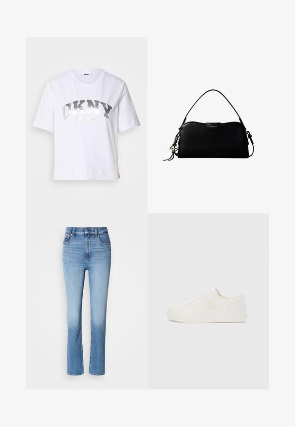 Hvid kortærmet T-shirt lavet af bomuld, med et sølvmetalisk print med "DKNY" og "New York" i fede, blokbogstaver.; Blå denimjeans med høj talje, lige ben-design, falmede farvegradient og fem-lomme stil. Metalknap- og lynlås-lukning.; Hvid lavt snøresko med tyk sål og "cK"-logo på siden, snørebånd foran og minimalistisk design på neutral baggrund.; Sort rektangulær Calvin Klein håndtaske med enkelt toprem, sølvlogo vedhæng og lille klaplukning foran.