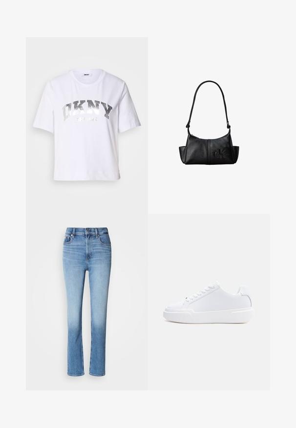 Witte cropped t-shirt gemaakt van katoen, met een zilverkleurige metallic opdruk met "DKNY" en "New York" in vette, blokletters.; Blauwe denim jeans met hoge taille, rechtvallende pasvorm, vervaagde kleurverloop en vijf-pocketstijl. Metalen knoop en ritssluiting.; Witte lage sneaker met vetersluiting, dikke zool en glad bovenwerk, gezien vanaf de buitenkant tegen een effen lichte achtergrond.; Zwarte leren schoudertas met lange band, zijvakjes en een reliëflogo van Calvin Klein aan de voorkant.