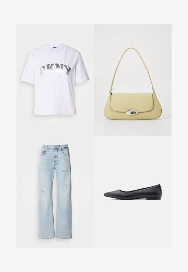 Camiseta corta blanca de algodón, con un estampado metálico plateado que dice "DKNY" y "New York" en letras grandes y en negrita.; Jeans de mezclilla de tiro alto en un tono azul claro, de pierna ancha y con detalles desgastados, que cuentan con un diseño de cinco bolsillos y bordes sin rematar.; Zapato plano de cuero negro con punta puntiaguda y tacón bajo, mostrado de perfil contra un fondo blanco.; Bolso de cuero amarillo con forma redondeada, una correa de hombro única y un cierre ovalado de hardware plateado que presenta el nombre de la marca.