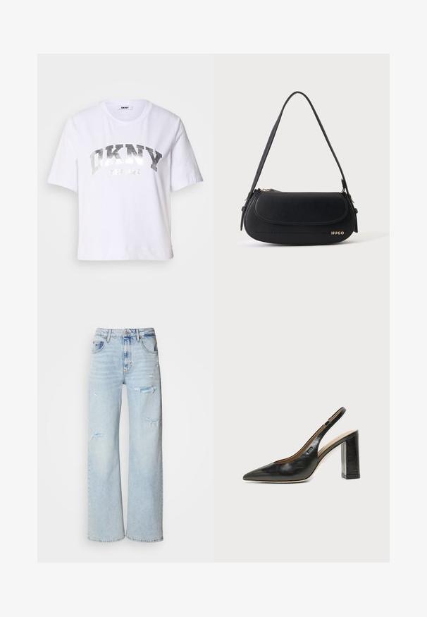 Camiseta corta blanca de algodón, con un estampado metálico plateado que dice "DKNY" y "New York" en letras grandes y en negrita.; Jeans de mezclilla de tiro alto en un tono azul claro, de pierna ancha y con detalles desgastados, que cuentan con un diseño de cinco bolsillos y bordes sin rematar.; Zapato slingback de piel negra con puntera puntiaguda, tacón alto y ancho, y forro interior beige sobre un fondo claro y liso.; Bolso de hombro de cuero negro con solapa curva, logo dorado "HUGO" en el frente y una correa ajustable.