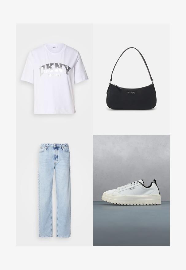 Camiseta corta blanca de algodón, con un estampado metálico plateado que dice "DKNY" y "New York" en letras grandes y en negrita.; Jeans de pierna ancha en azul claro, confeccionados en denim, con una cintura alta, un lavado desgastado y un sutil patrón de tie-dye en la parte delantera.; Zapatilla de cuero blanca con una suela gruesa y texturizada de diseño serrado. Los acentos negros en el talón y la lengüeta añaden contraste.; Bolso sintético negro con forma curva, cierre de cremallera y asa corta. Presenta un logo plateado de "HUGO" en el frente. Textura suave.