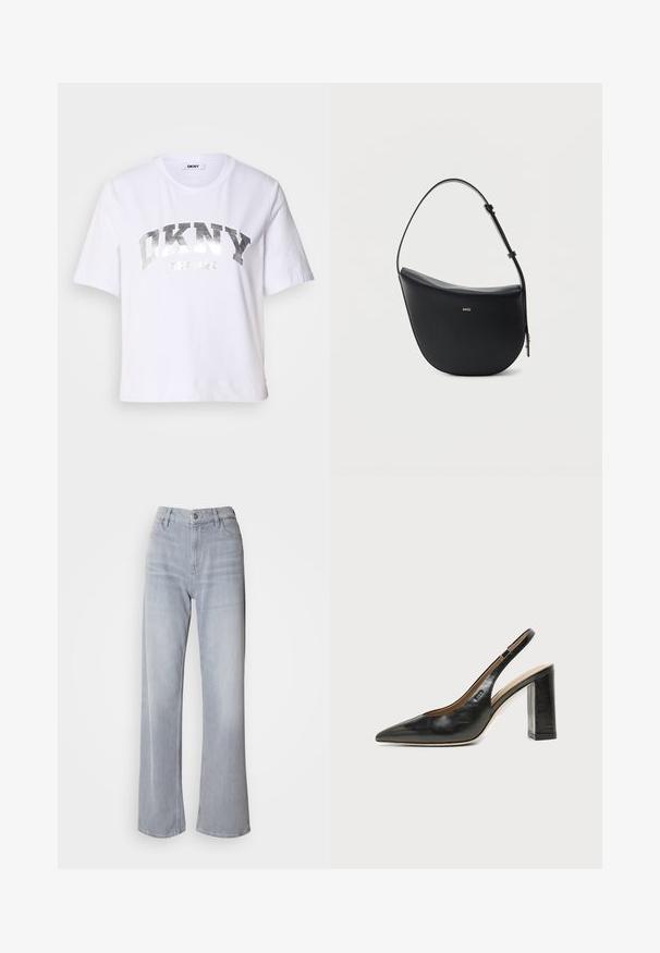 Camiseta corta blanca de algodón, con un estampado metálico plateado que dice "DKNY" y "New York" en letras grandes y en negrita.; Jeans de pernera ancha en gris claro, con cintura alta, hechos de denim. Presentan bolsillos frontales, cremallera y un leve desvanecimiento por toda la prenda.; Zapato slingback de piel negra con puntera puntiaguda, tacón alto y ancho, y forro interior beige sobre un fondo claro y liso.; Bolso de hombro de cuero negro en forma de media luna, con correa ajustable y logo dorado "BOSS" centrado en el frente.