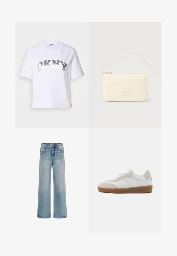 Hvid kortærmet T-shirt lavet af bomuld, med et sølvmetalisk print med "DKNY" og "New York" i fede, blokbogstaver.; Lyseblå brede jeans lavet af denim, med høj talje, forlommer og en falmet overflade med kontrastsyning.; Hvide lædersneakers med beige ruskindsdetaljer, struktureret tunge og gummisål. Har hvide snørebånd og diskrete stikninger.; Kremfarvet rektangulær håndtaske med en enkelt rem og lynlås øverst, med en lille præget logo-plakette foran.
