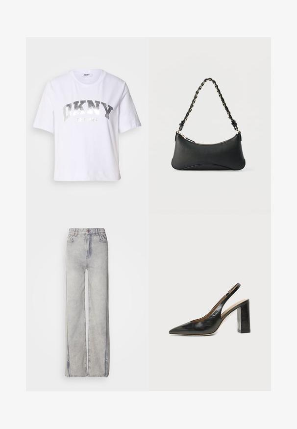 Weißes, kurzes T-Shirt aus Baumwolle mit einem silbernen Metallic-Druck, der "DKNY" und "New York" in fetten Blockbuchstaben zeigt.; Helle blaue Jeans mit weitem Bein aus Denim mit verblasster Waschung, ausgestattet mit einem Reißverschluss, fünf Taschen und Kontrastnähten.; Schwarzer Leder-Slingback-Schuh mit spitzer Kappe, hohem Blockabsatz und beigegefüttertem Innenraum vor hellem, einfarbigem Hintergrund.; Schwarze Lederschultertasche mit gewölbter rechteckiger Form, goldener Kette, die in den geflochtenen schwarzen Riemen eingewebt ist, und Reißverschlussverschluss oben.