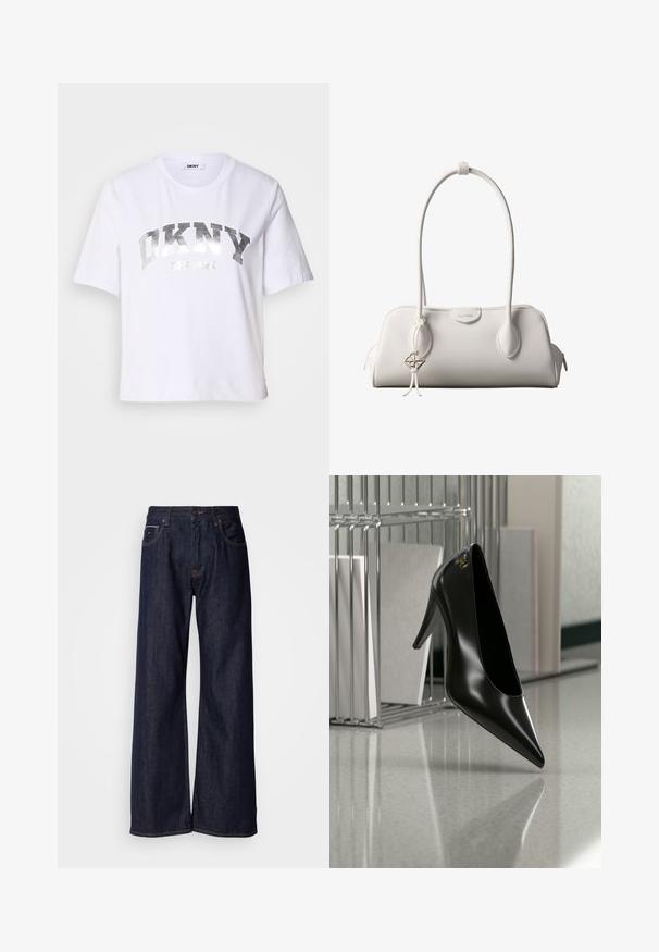 Weißes, kurzes T-Shirt aus Baumwolle mit einem silbernen Metallic-Druck, der "DKNY" und "New York" in fetten Blockbuchstaben zeigt.; Weite dunkelblaue Jeans mit hoher Taille, vorderen Taschen und subtilen Nähdetails. Glatte Textur mit klassischem Schnitt.; Schwarzer High-Heel-Schuh mit spitzer Zehe und goldem Logo, auf einer reflektierenden Oberfläche nahe einem verchromten Draht-Organizer mit Dokumenten positioniert.; Weiße Calvin Klein Schultertasche mit langen Griffen, rechteckiger Form, Reißverschluss und dekorativem Logo-Anhänger, der in der Nähe des Griffs hängt.