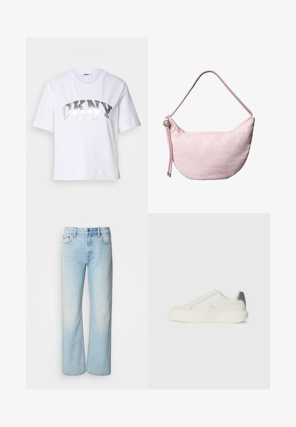 Camiseta corta blanca de algodón, con un estampado metálico plateado que dice "DKNY" y "New York" en letras grandes y en negrita.; Vaqueros de pierna ancha azul claro confeccionados en denim, con un diseño clásico de cinco bolsillos y una sutil textura deslavada. La costura del denim es visible.; Zapatilla blanca de cuero con textura suave, que presenta un acento plateado en el talón, suela plana y un diseño minimalista.; Bolso de hombro de color rosa suave con forma de media luna, correa ajustable de cordón, tope metálico y sutil logo en relieve "cK" en el centro frontal.