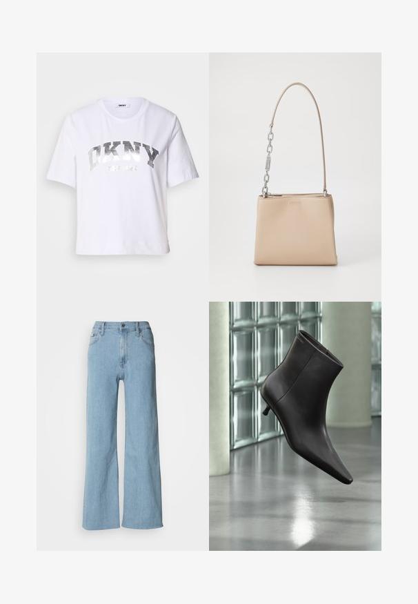 Camiseta corta blanca de algodón, con un estampado metálico plateado que dice "DKNY" y "New York" en letras grandes y en negrita.; Vaqueros de pierna ancha en azul claro, fabricados en denim, con una cintura ajustada, diseño de cinco bolsillos y sutiles detalles de costura.; Bota de cuero negro para el tobillo con puntera puntiaguda y tacón pequeño, exhibida frente a una pared de bloques de vidrio y un suelo pulido.; Bolso de mano de piel beige con una textura suave, con un acento de cadena plateada en el asa y un cierre de cremallera. "HUGO" grabado en la parte frontal.