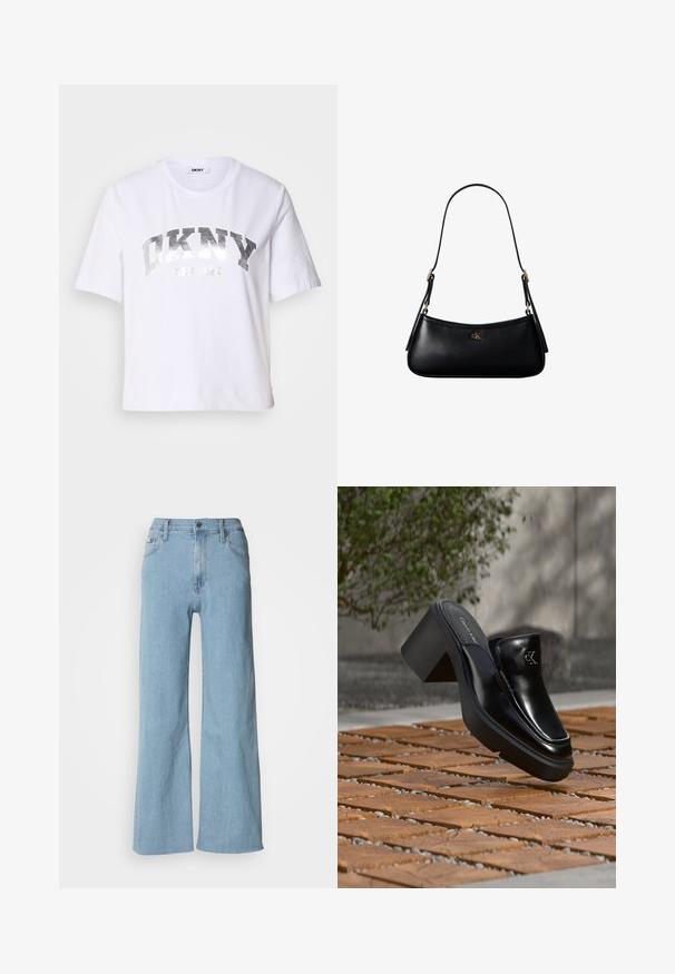 Hvid kortærmet T-shirt lavet af bomuld, med et sølvmetalisk print med "DKNY" og "New York" i fede, blokbogstaver.; Lyseblå vidde jeans lavet af denim, med en tætsiddende talje, fem-lomme design og subtile syningsdetaljer.; Sort læder Calvin Klein slip-on mule med blokhæl, der hviler på trætøj udendørs nær en grøn plante og en grå væg.; Sort læder mini skuldertaske med tynd rem og lille gyldent CK-logo på fronten i midten.