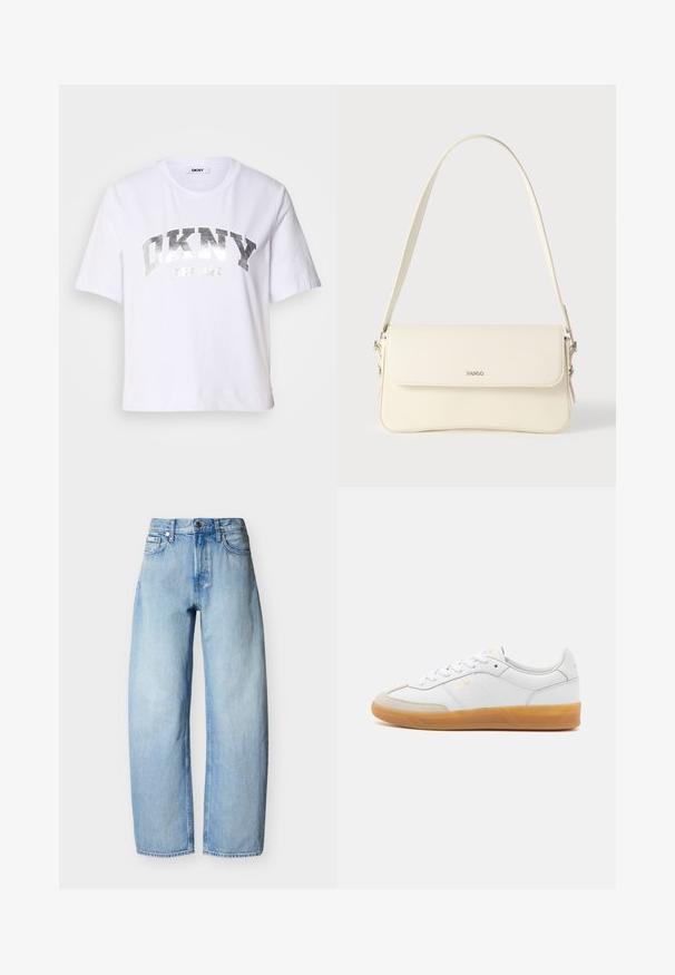 Hvid kortærmet T-shirt lavet af bomuld, med et sølvmetalisk print med "DKNY" og "New York" i fede, blokbogstaver.; Lyseblå straight-leg denim jeans med fem lommer, bæltestropper og lukning med knap foran.; Hvide lædersneakers med beige ruskindsdetaljer, gummisål og snøredesign. Har diskret branding i guld.; Cremefarvet læder skuldertaske med flaplukning, sølvfarvet beslag, en enkelt justerbar rem og diskrete logodetaljer.