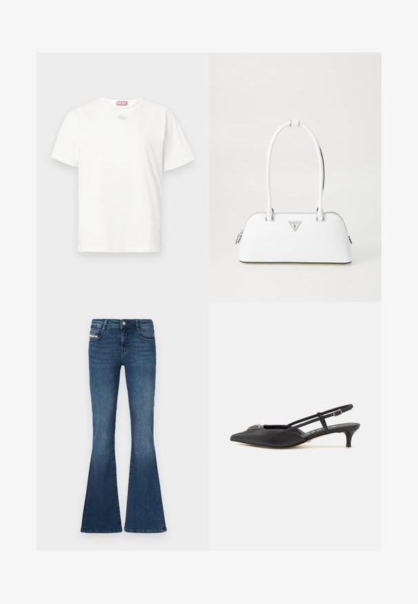 T-shirt en coton blanc avec un col rond, des manches courtes et un petit logo argenté sur le devant. Design simple et épuré.; Jeans évasés bleu foncé avec une taille ajustée, un design à cinq poches, une légère décoloration sur les cuisses et une fermeture à bouton métallique à la taille.; Chaussures noires à talon slingback avec un bout pointu, en matériau lisse, dotées d'un petit talon et d'un accent décoratif en argent sur le dessus.; Sac à main en cuir blanc avec une forme courbée, présentant un logo triangulaire argenté et une fermeture à glissière. Texture lisse et doubles poignées.