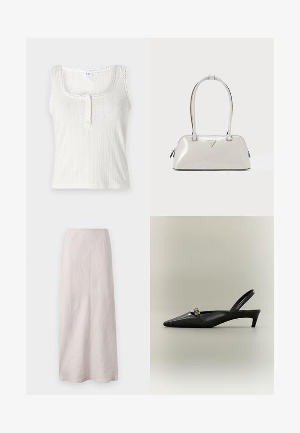 Débardeur blanc côtelé avec une encolure dégagée, un bord festonné et une patte de boutonnage à cinq boutons. Présente des rayures verticales texturées.; Jupe maxi en lin rose pâle au design épuré et droit. Le tissu présente une surface légèrement texturée et une taille élastique.; Escarpin slingback en cuir noir avec talon kitten, bout pointu et petite boucle dorée sur un fond uni.; Sac à main gris clair brillant de forme arrondie, avec deux poignées et un logo triangulaire. Il dispose d'une fermeture éclair et de détails métalliques.