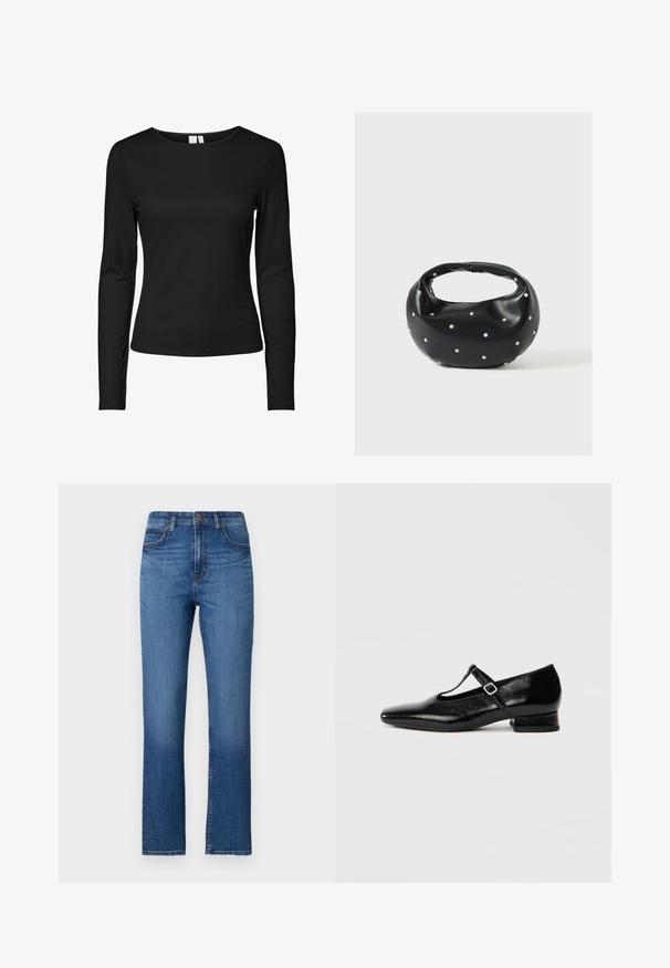 Sort langærmet top lavet af glat stof, med en klassisk rund halsudskæring og en tætsiddende design uden synlige mønstre eller pynt.; Blå denim jeans med lige ben, høj talje, fem lommer og diskrete stikninger langs sømmene. Glat tekstur.; Sorte Mary Jane-sko i læder med spids tå, lille blokhæl og justerbar rem med sølvspænde. Glat, blank tekstur.; Sort læderhåndtaske med en rundet form, dekoreret med sølvnitter, og et kort håndtag. Glat tekstur og lynlåslukning.