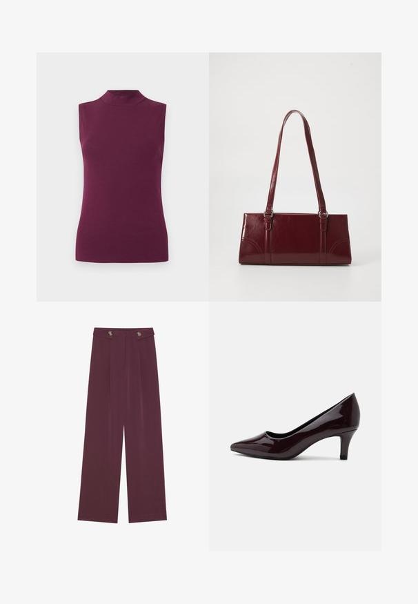 Haut sans manches de couleur prune, à col haut et silhouette ajustée sur fond blanc uni.; Pantalons taille haute, jambes larges en prune profonde avec deux boutons à la taille et des poches latérales, présentés à plat sur un fond blanc.; Escarpin femme en cuir verni bordeaux foncé avec bout pointu et petit talon kitten sur fond clair uni.; Sac à main bordeaux en matériau brillant, de forme rectangulaire, avec deux anses et des accents légèrement courbés à l'avant.