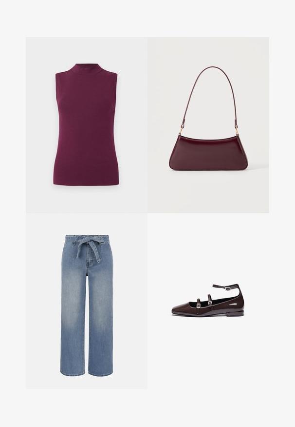 Haut sans manches de couleur prune, à col haut et silhouette ajustée sur fond blanc uni.; Jean taille haute à jambes larges bleu clair avec ceinture en tissu nouée et poches avant, présentant un effet délavé légèrement estompé.; Ballerines en cuir verni marron avec un bout pointu, présentant deux sangles réglables et des boucles en argent, ainsi qu'un petit talon carré.; Sac à main brillant bordeaux foncé avec une anse fine unique et une forme trapézoïdale élégante sur un fond clair uni.