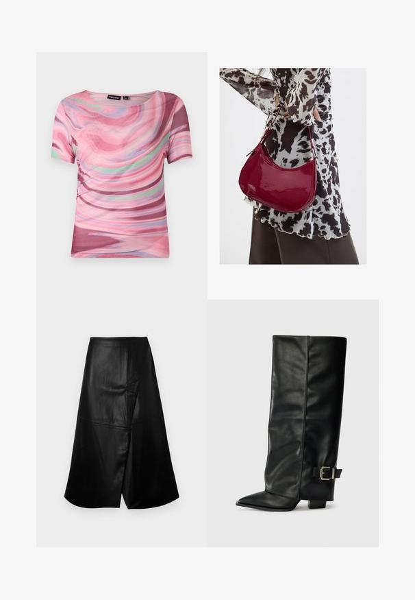 Kurzarm-T-Shirt mit einem rosa und lila Wirbelmuster, aus leichtem Stoff mit einem runden Ausschnitt und elastischem Schnitt.; Schwarzer Midi-Rock aus Kunstleder mit A-Linien-Silhouette und asymmetrischem, mehrlagigem Detail vorne vor weißem Hintergrund.; Schwarze Lederstiefeletten in Knöchellänge mit spitzem Zehenbereich, glatter Oberfläche und silberner Schnallenakzent an der Seite. Massiver, quadratischer Absatz.; Frau trägt eine schwarz-weiß gemusterte Bluse und hält eine glänzende rote Schultertasche vor einem einfarbigen Hintergrund.