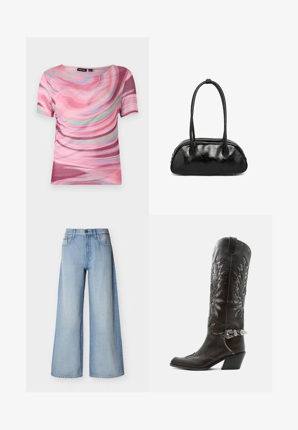 Camiseta de manga corta con un patrón en espiral rosa y púrpura, hecha de tejido ligero con cuello redondo y un ajuste elástico.; Vaqueros de pierna ancha en tejido vaquero azul claro, de tiro alto con cierre de botón, con diseño clásico de cinco bolsillos y detalles de costura.; Bota cowboy de cuero negro con recortes decorativos, hebilla plateada y tacón inclinado, presentada sobre fondo blanco.; Bolso de cuero negro con un acabado agrietado, en forma ovalada y con dos asas redondas. Presenta un cierre de cremallera en el borde superior.