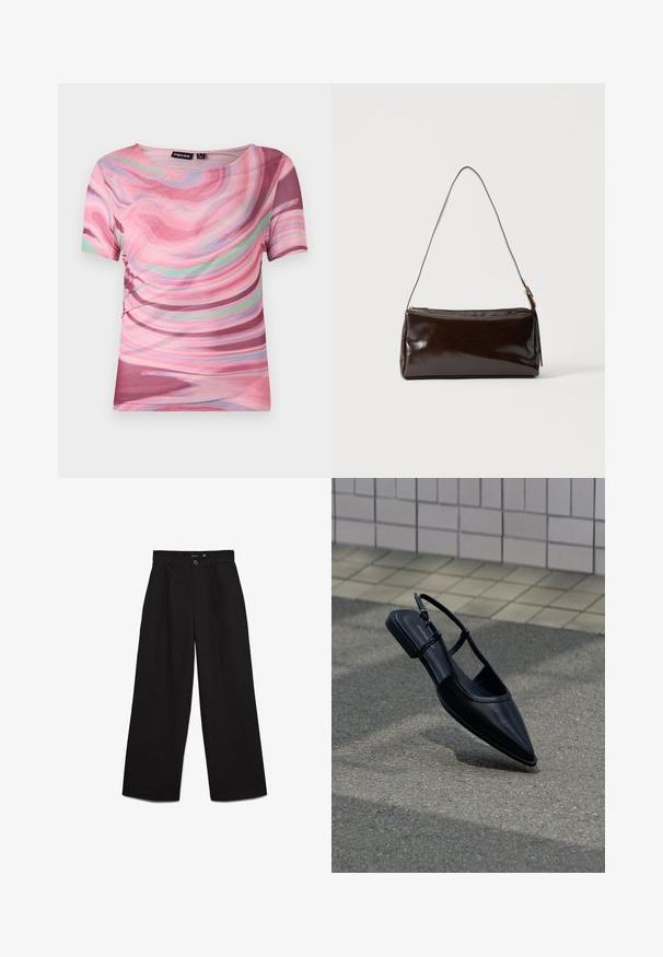 T-shirt à manches courtes avec un motif en tourbillon rose et violet, en tissu léger avec un col rond et une coupe ajustée.; Pantalon noir taille haute à jambes larges avec fermeture bouton et zip, passants de ceinture et plis à l'avant.; Chaussure plate noire à bout pointu avec bride arrière, flottant au-dessus d'une surface en bitume à côté d'un trottoir carrelé.; Sac à bandoulière rectangulaire en cuir marron foncé avec une seule sangle fine et une boucle dorée sur un fond uni.