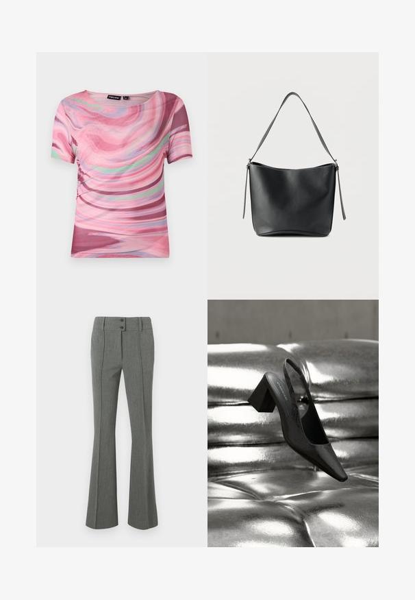 Camiseta de manga corta con un patrón en espiral rosa y púrpura, hecha de tejido ligero con cuello redondo y un ajuste elástico.; Pantalones grises acampanados hechos de tela texturizada. Presentan dos botones en la cintura y detalles en la costura frontal.; Tacón destalonado negro con punta en forma de pico, con superficie texturizada y tacón ancho y grueso. Colocado sobre un fondo metálico brillante.; Bolso de hombro de cuero negro con una sola correa ancha y herrajes plateados sutiles sobre un fondo blanco liso.