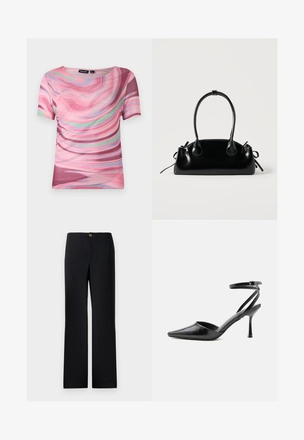 Camiseta de manga corta con un patrón en espiral rosa y púrpura, hecha de tejido ligero con cuello redondo y un ajuste elástico.; Pantalones negros de diseño recto, con cierre de botón dorado y una tela suave y texturizada. Sin bolsillos visibles ni patrones.; Zapato de tacón alto negro de punta fina con delgadas correas en el tobillo y cierre de hebilla plateada sobre un fondo liso claro.; Pequeño bolso negro brillante con dos asas largas y detalles de cordón lateral sobre un fondo claro liso.