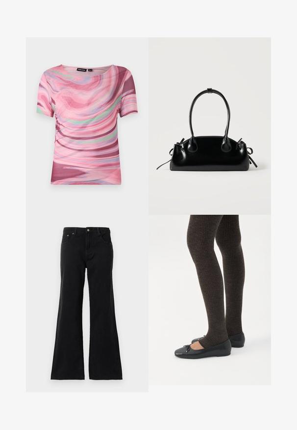 T-shirt à manches courtes avec un motif en tourbillon rose et violet, en tissu léger avec un col rond et une coupe ajustée.; Jean en denim noir taille haute avec cinq poches et jambes évasées, affiché sur un fond blanc.; Jambes portant des leggings côtelés foncés associés à des ballerines noires avec de petits détails en nœud sur fond blanc.; Petit sac à main noir brillant avec deux longues anses et des détails à cordon sur les côtés sur un fond clair uni.