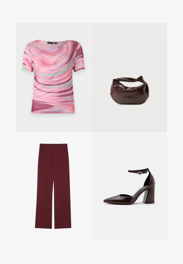 Camiseta de manga corta con un patrón en espiral rosa y púrpura, hecha de tejido ligero con cuello redondo y un ajuste elástico.; Pantalones burdeos con un diseño de pierna ancha, que cuentan con un cierre de botón, dos bolsillos laterales y detalles de pliegues en la parte frontal. Textura de tela suave.; Zapato de tacón alto de cuero marrón oscuro con punta puntiaguda, correa en el tobillo y hebilla plateada sobre fondo blanco.; Bolso de hombro de cuero marrón oscuro con una forma suave y caída, y un asa con nudo torcido sobre un fondo blanco liso.