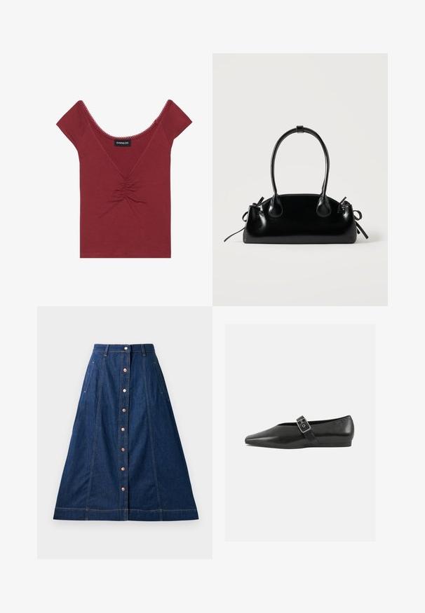 Haut ajusté mauve à manches courtes, décolleté en forme deU, détail froncé au centre et finitions festonnées le long du décolleté et des manches.; Jupe A-line en denim bleu foncé avec une fermeture à boutons à l'avant, dotée de poches, de coutures contrastantes et d'une longueur jusqu'au mollet.; Chaussure plate en cuir noir avec un orteil pointu, présentant une sangle à boucle métallique sur le cou-de-pied et une semelle basse et flexible.; Petit sac à main noir brillant avec deux longues anses et des détails à cordon sur les côtés sur un fond clair uni.