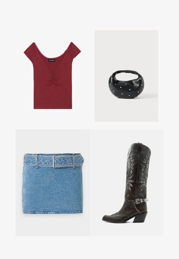 Haut ajusté mauve à manches courtes, décolleté en forme deU, détail froncé au centre et finitions festonnées le long du décolleté et des manches.; Abercrombie & Fitch CLASSIC BELTED SCARLETTE MINI SKORT - Jupe en jean - blue denim; Botte de cowboy en cuir noir avec découpes décoratives, boucle argentée et talon incliné, présentée sur fond blanc.; Sac à main en cuir noir de forme arrondie, décoré de clous argentés et équipé d'une poignée courte. Texture lisse et fermeture éclair.