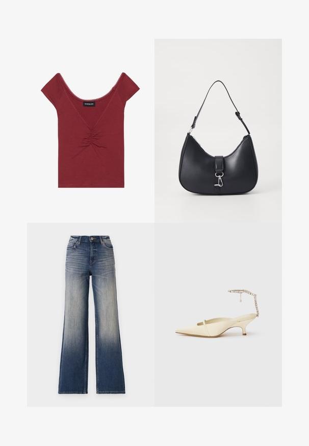 Haut ajusté mauve à manches courtes, décolleté en forme deU, détail froncé au centre et finitions festonnées le long du décolleté et des manches.; Jeans taille haute à jambes larges en denim bleu clair à foncé avec décoloration, dotés d'une fermeture à bouton et de passants de ceinture. Ourlet net et sans ornementation visible.; Talons slingback en cuir crème à bout pointu avec une fine sangle à l'avant et une sangle de cheville ornée de bijoux sur fond blanc.; Pieces PCLIKA SHOULDER BAG - Sac à main - black