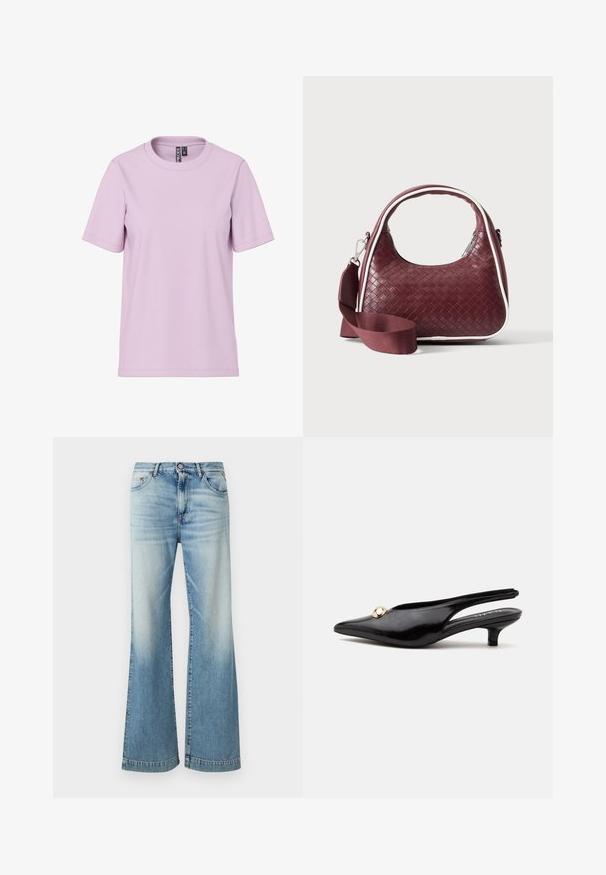 T-shirt à manches courtes violette claire avec col rond et étiquette de marque "PIECES" à l'intérieur du col, présenté sur un fond blanc.; Jean évasé bleu clair en denim, avec une finition légèrement délavée, un design à cinq poches et une fermeture traditionnelle par bouton.; Escarpin slingback noir en cuir verni à petit talon kitten, avec un bout pointu et un petit ornement rond doré sur le dessus.; Sac à main en cuir tressé marron foncé avec poignée courbée, garniture blanche, fermeture éclair argentée et bandoulière large en tissu amovible sur fond uni.