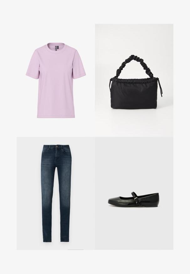 T-shirt à manches courtes violette claire avec col rond et étiquette de marque "PIECES" à l'intérieur du col, présenté sur un fond blanc.; Jean slim bleu foncé avec léger effet délavé sur les cuisses, style cinq poches et fermeture par bouton à la taille.; Ballerines en cuir noir avec un bout arrondi, une semelle plate et une fine sangle ajustable sur le cou-de-pied avec une boucle en métal.; Sac noir en tissu doux et lisse. Présente une anse froncée et un système de fermeture à cordon, avec une forme rectangulaire et aucun matériel visible.