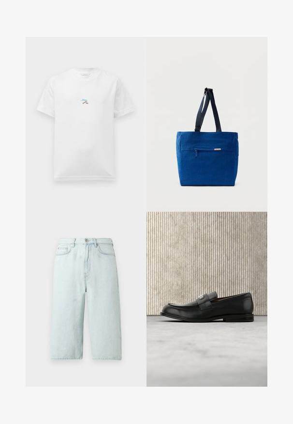 Witte T-shirt met korte mouwen, versierd met kleine kleurrijke borduurwerk van gekruiste stokken en blauwe cursieve tekst in het midden van de borst.; Lichtblauwe denim shorts met een rechte pijp, een taille die tot halverwege de heupen reikt, steekzakken aan de voorkant en een enkele achterzak, afgewerkt met subtiele stiksels.; Zwarte leren loafer met een metalen merktekenplaatje, rustend bij een bruine ronde tafel op een beige tapijtvloer.; Blauwe canvas boodschappentas met een voorvak met rits, dubbele schouderbanden en een rechthoekige vorm. Heeft een subtiel merklabel.