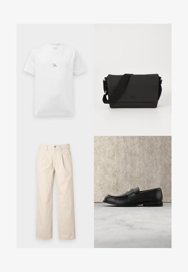 Weißes Kurzarm-T-Shirt mit kleiner, bunter Stickerei von gekreuzten Stöcken und blauer, kursiver Schrift in der Mitte der Brust.; Beige weit geschnittene Hose mit hoher Taille, Frontfalten, einem vorderen Knopfverschluss und einem glatten Baumwollstoff.; Schwarzer Lederloafer mit einer Metallmarkenplatte, der nahe einem braunen runden Tisch auf beigem Teppichboden ruht.; Lacoste MESSENGER BAG MEN CLASSIC - Umhängetasche - noir