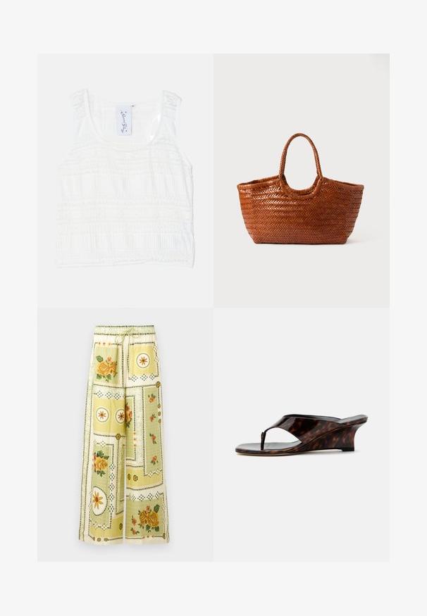 Top sans manches blanc en tissu texturé, présentant des motifs à rayures horizontales. Bretelles réglables et encolure ronde avec des coutures détaillées.; Pantalon à jambes larges avec motifs patchwork floraux et géométriques jaune clair, ceinturé d'une bande élastique et d'un cordon de serrage.; Sandale à talon compensé pour femme avec motif écaille, bout ouvert et bride entre les orteils, vue de profil sur fond blanc.; Sac fourre-tout tissé de couleur marron avec une forme large, des poignées tressées et une surface texturée. Il présente un sommet arrondi et un intérieur ouvert.