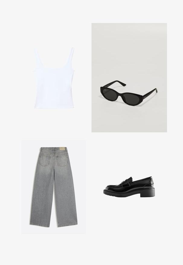 Top court blanc sans manches avec encolure carrée, larges bretelles et silhouette ajustée.; Jean en denim gris à jambes larges montrant l'arrière avec deux poches et des passants de ceinture, posé à plat sur fond blanc.; Mocassin en cuir noir brillant avec une semelle épaisse et un petit talon carré, avec un détail de lanière sur le dessus.; Lunettes de soleil noires avec une forme étroite et en œil de chat. Fabriquées en plastique lisse, elles présentent des verres foncés et de subtils accents de logo sur les branches.