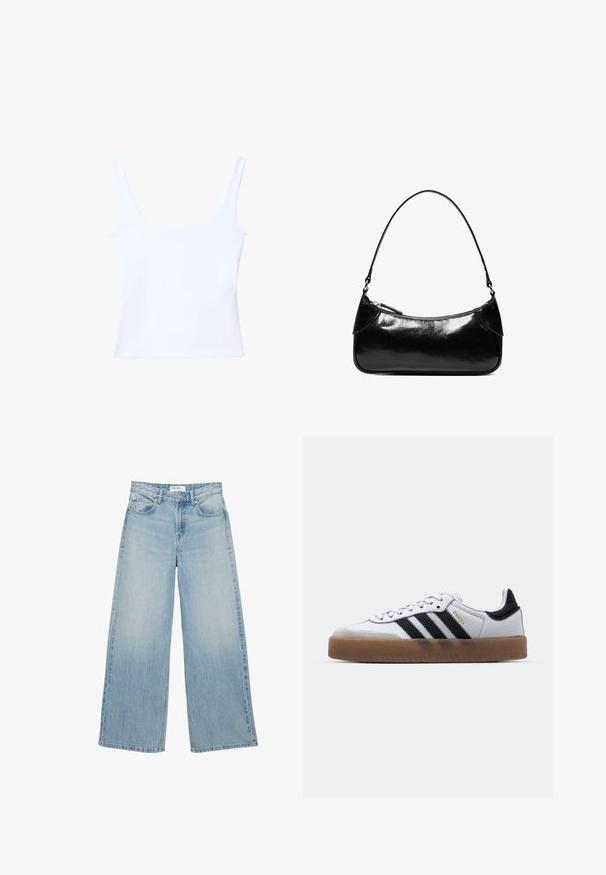 Débardeur blanc avec un décolleté carré, des bretelles larges et une coupe ajustée. Fabriqué en tissu lisse et extensible pour le confort.; Jeans bleu clair taille haute à jambes larges avec poches avant, fermeture par boutons et passants de ceinture sur fond blanc.; Baskets en cuir blanc avec des rayures noires, semelle extérieure en caoutchouc beige, bout rond, fermeture lacée et embout en suède gris doux.; Sac à épaule en cuir noir brillant avec un seul compartiment zippé et une fine bandoulière arquée.