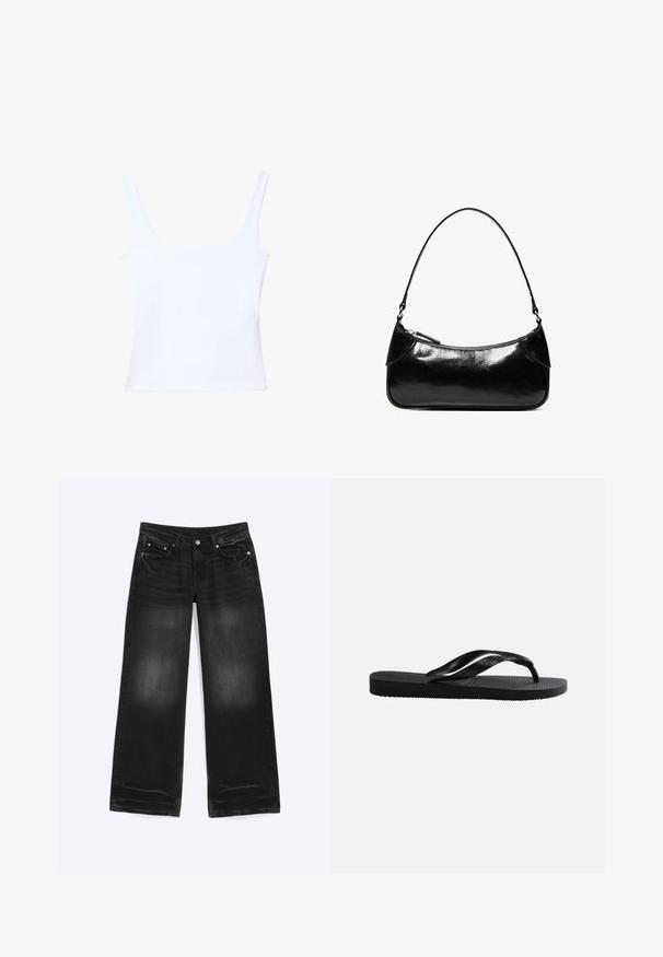 Top court blanc sans manches avec encolure carrée, larges bretelles et silhouette ajustée.; Jean noir à jambes larges avec cinq poches et des détails délavés sur les cuisses et les genoux, posé à plat sur un fond blanc.; Tongs en caoutchouc noir avec semelle texturée et bride en Y lisse sur un fond clair uni.; Sac à épaule en cuir noir brillant avec un seul compartiment zippé et une fine bandoulière arquée.