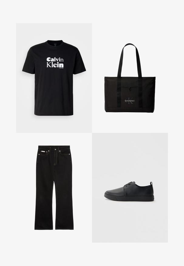 Sort bomulds T-shirt med et fremtrædende hvidt "Calvin Klein" logo, crew neck, korte ærmer og en standard pasform.; Sorte jeans med lige ben, orange syning, fem lommer, knaplukning og et lille Calvin Klein-mærke på den forreste højre lomme.; Sorte lædersneakers med en glat finish, rund tå, tonalt syning, snøring foran og en flad gummisål. Løkke ved hælen.; Sort Calvin Klein tote taske med to lange håndtag og lomme foran, med mærkets logo i hvid og grå.