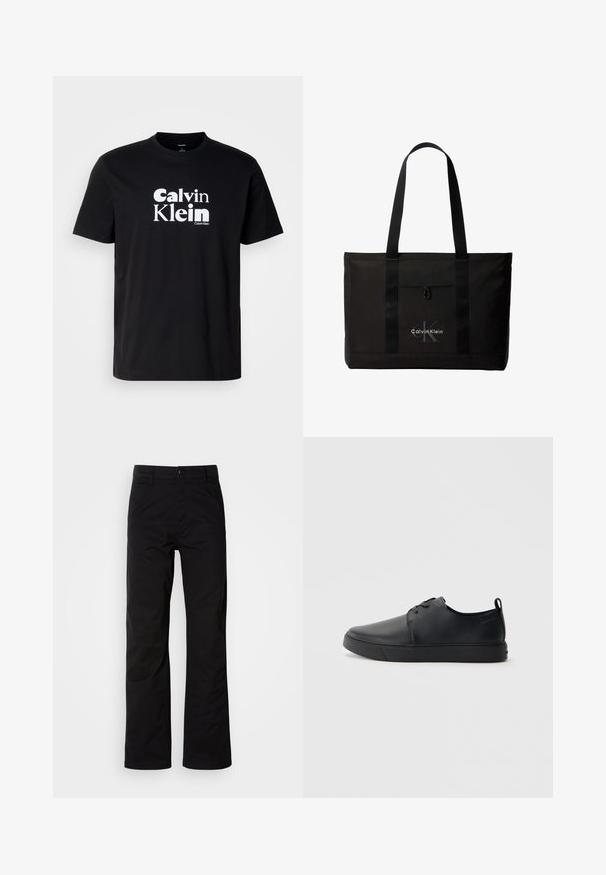 Zwarte katoenen T-shirt met een opvallend wit "Calvin Klein" logo, ronde hals, korte mouwen en een standaard pasvorm.; Zwarte katoenen broek met een recht design, voorzien van een knoopsluiting en riemlussen. Gladde textuur en minimalistische stijl zonder zichtbare patronen.; Zwarte leren sneaker met een gladde afwerking, ronde neus, tonale stiknaden, vetersluiting aan de voorkant en een vlakke rubberen zool. Lussje aan de hak.; Zwarte Calvin Klein totebag met twee lange handvatten en een voorvak, met het logo van het merk in wit en grijs.