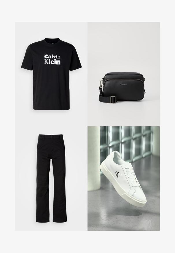 Čierne bavlnené tričko s výrazným bielym logom "Calvin Klein", okrúhly výstrih, krátke rukávy a klasický strih.; Čierne bavlnené nohavice s rovnými nohavicami, s gombíkovým zapínaním a pútkami na opasok. Hladká textúra a minimalistický štýl bez viditeľných vzorov.; Biela teniska Calvin Klein so šnúrkami, zobrazená vznášajúca sa nad leštenou betónovou podlahou a stenou z sklenených blokov.; Čierna kožená crossbody taška s dvoma zipsovými oddeleniami, textúrovaný povrch, nastaviteľný popruh a strieborné kovové akcenty. Zobrazené logo Calvin Klein.